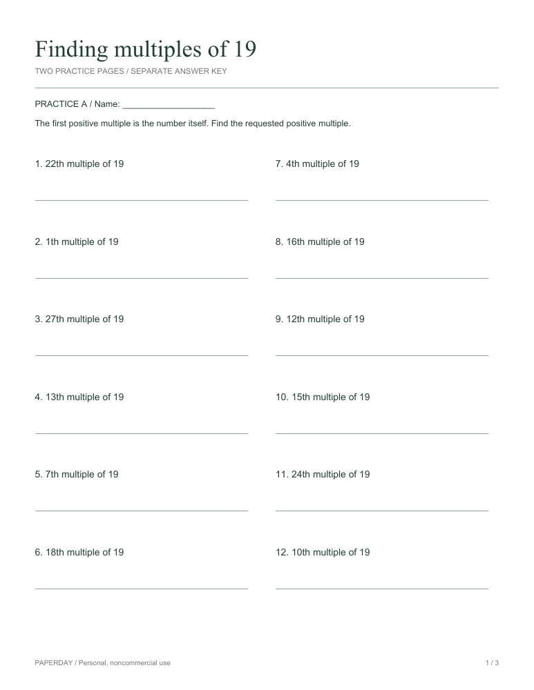 Page one of Finding multiples of 19 - practice and answers