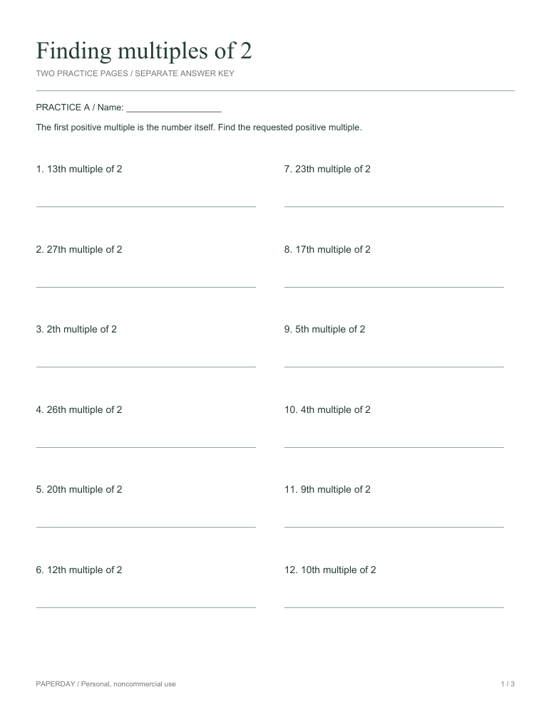 Preview of Finding multiples of 2 - practice and answers