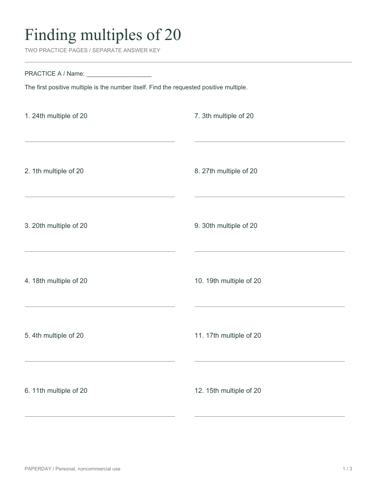 Page one of Finding multiples of 20 - practice and answers