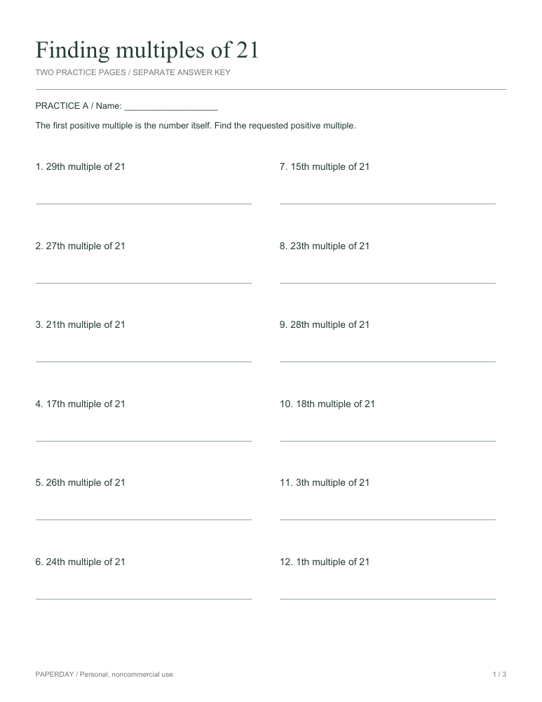 Page one of Finding multiples of 21 - practice and answers
