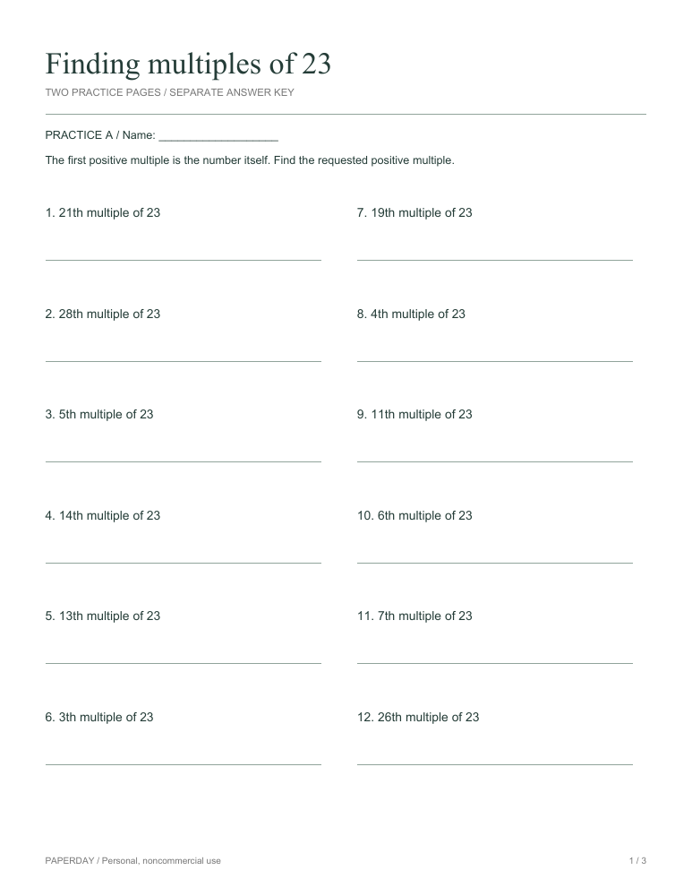 Page one of Finding multiples of 23 - practice and answers