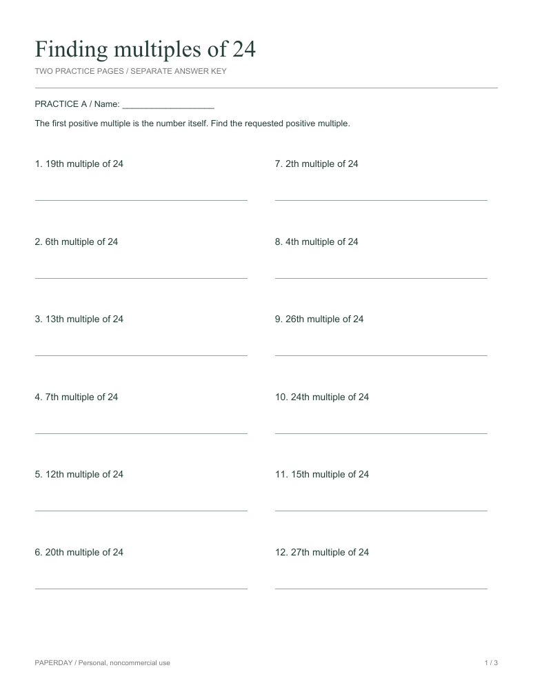 Page one of Finding multiples of 24 - practice and answers