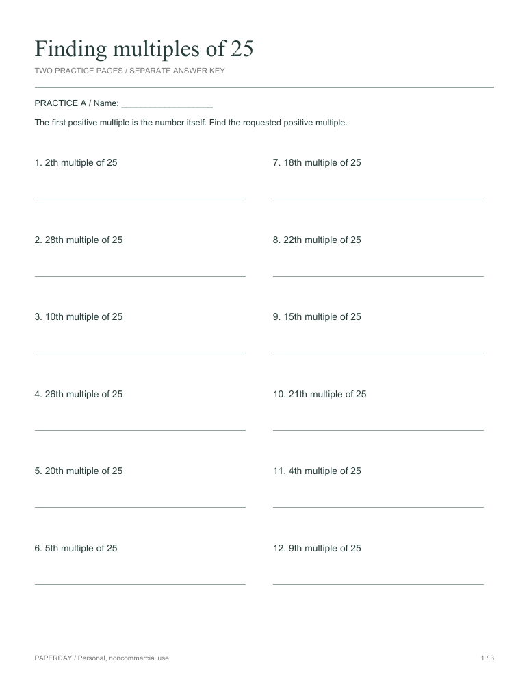 Page one of Finding multiples of 25 - practice and answers