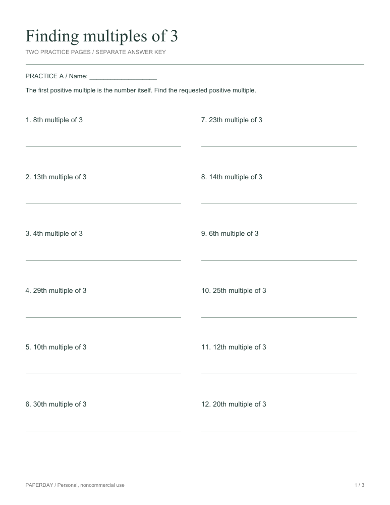 Page one of Finding multiples of 3 - practice and answers