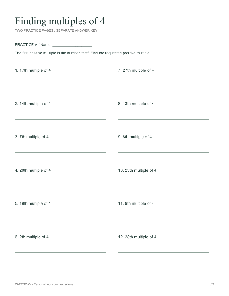 Page one of Finding multiples of 4 - practice and answers