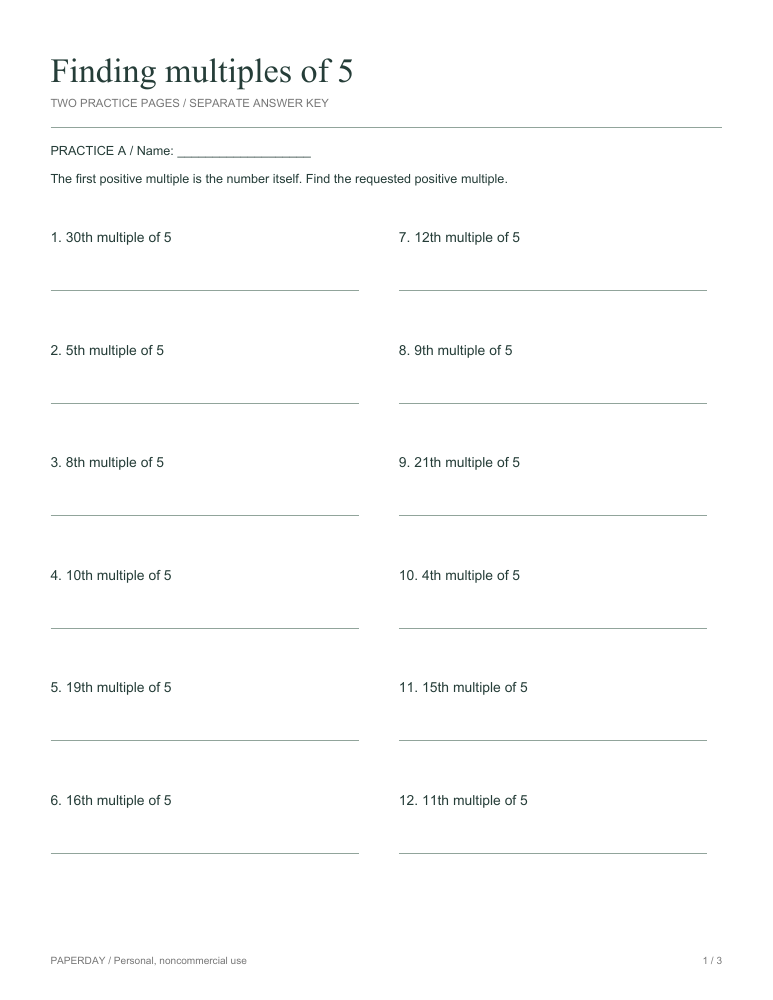 Page one of Finding multiples of 5 - practice and answers
