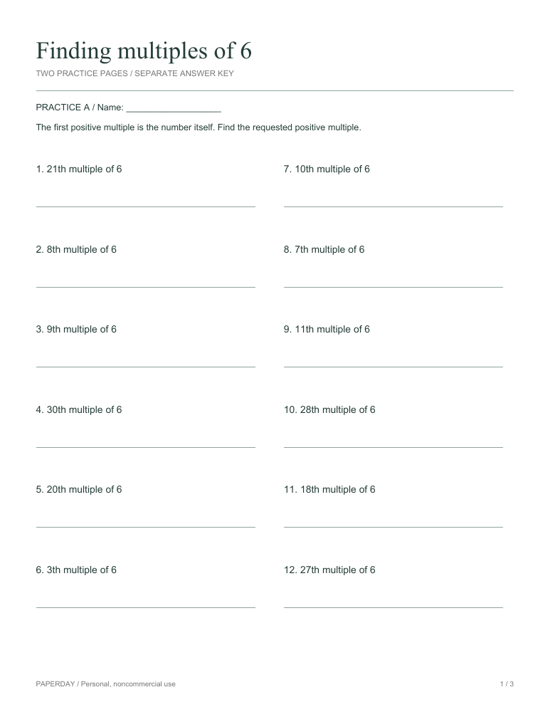 Page one of Finding multiples of 6 - practice and answers
