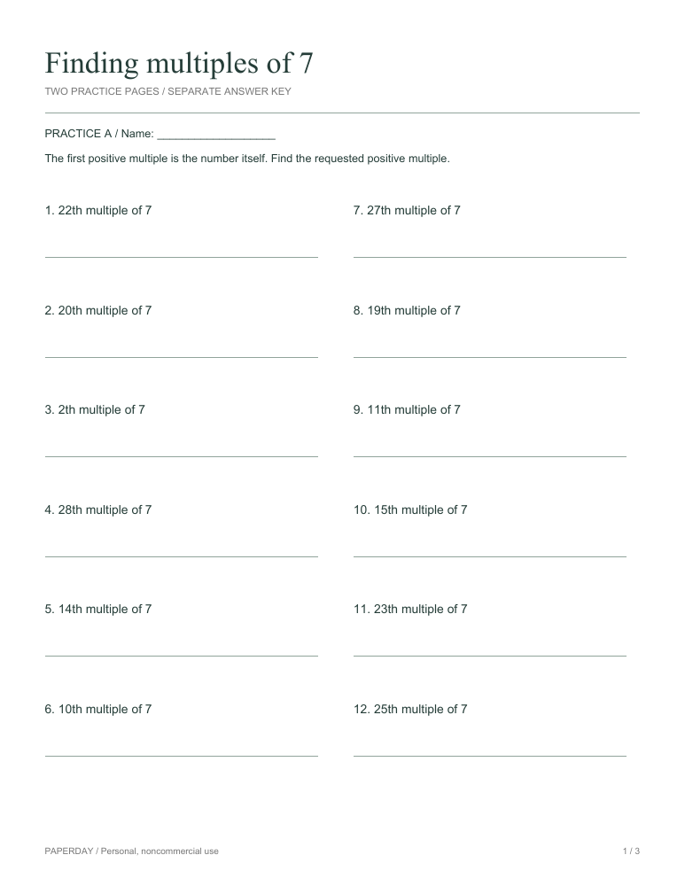 Page one of Finding multiples of 7 - practice and answers