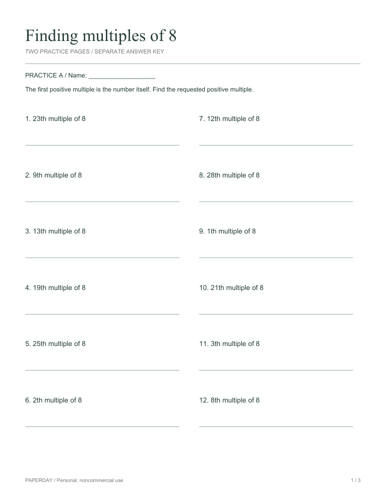 Page one of Finding multiples of 8 - practice and answers