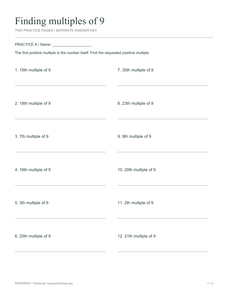 Page one of Finding multiples of 9 - practice and answers