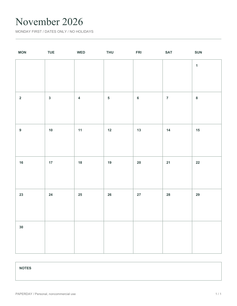 Preview of November 2026 calendar, Monday first