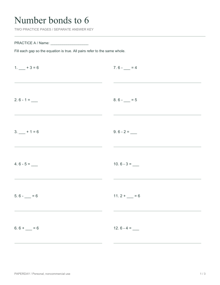 Preview of Number bonds to 6 - practice and answers