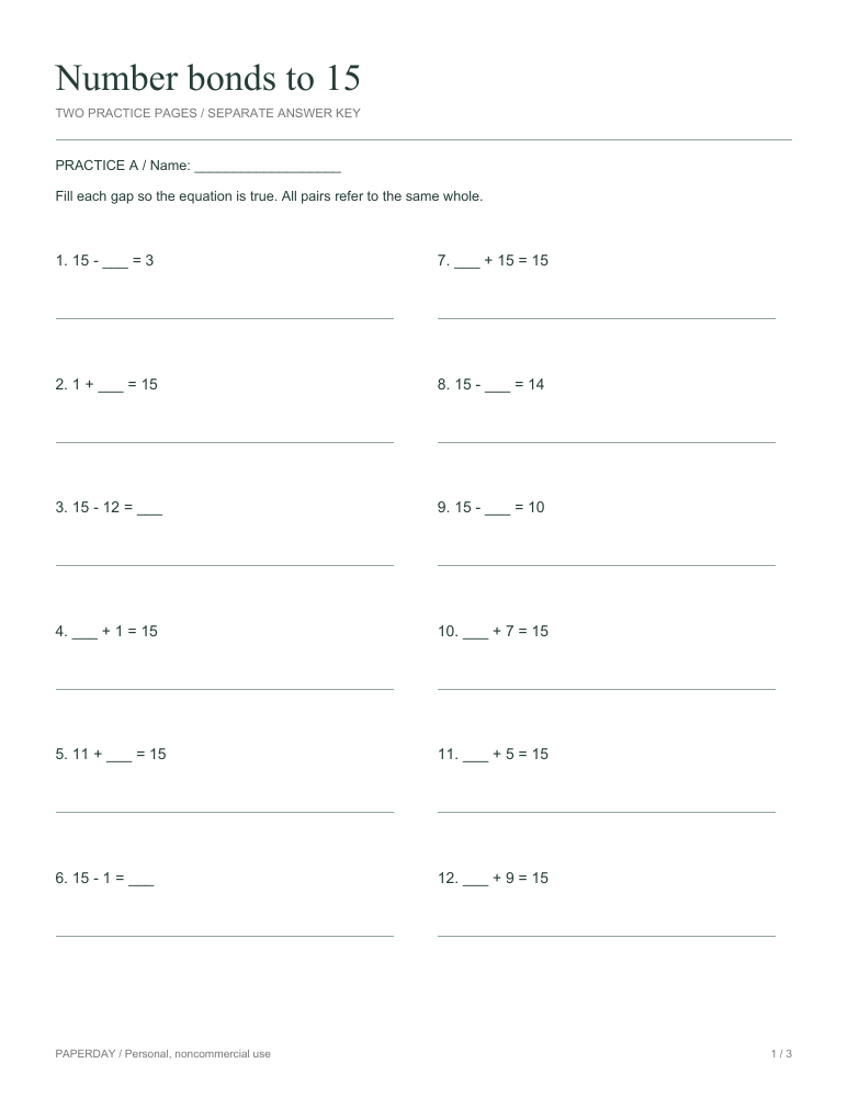 Preview of Number bonds to 15 - practice and answers