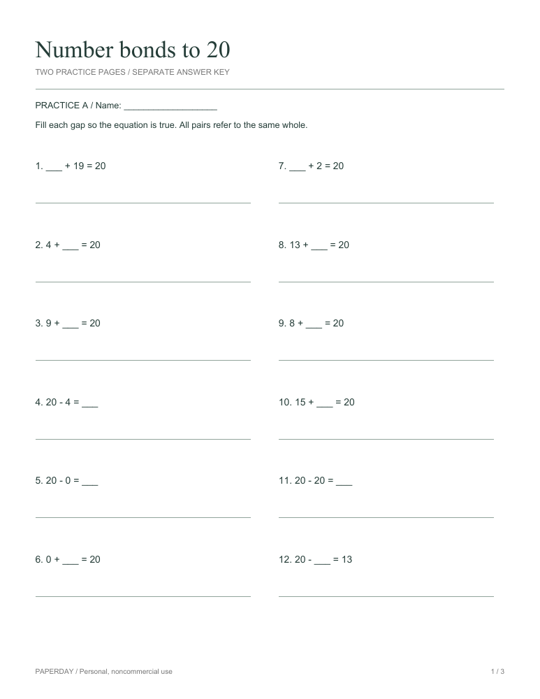 Preview of Number bonds to 20 - practice and answers