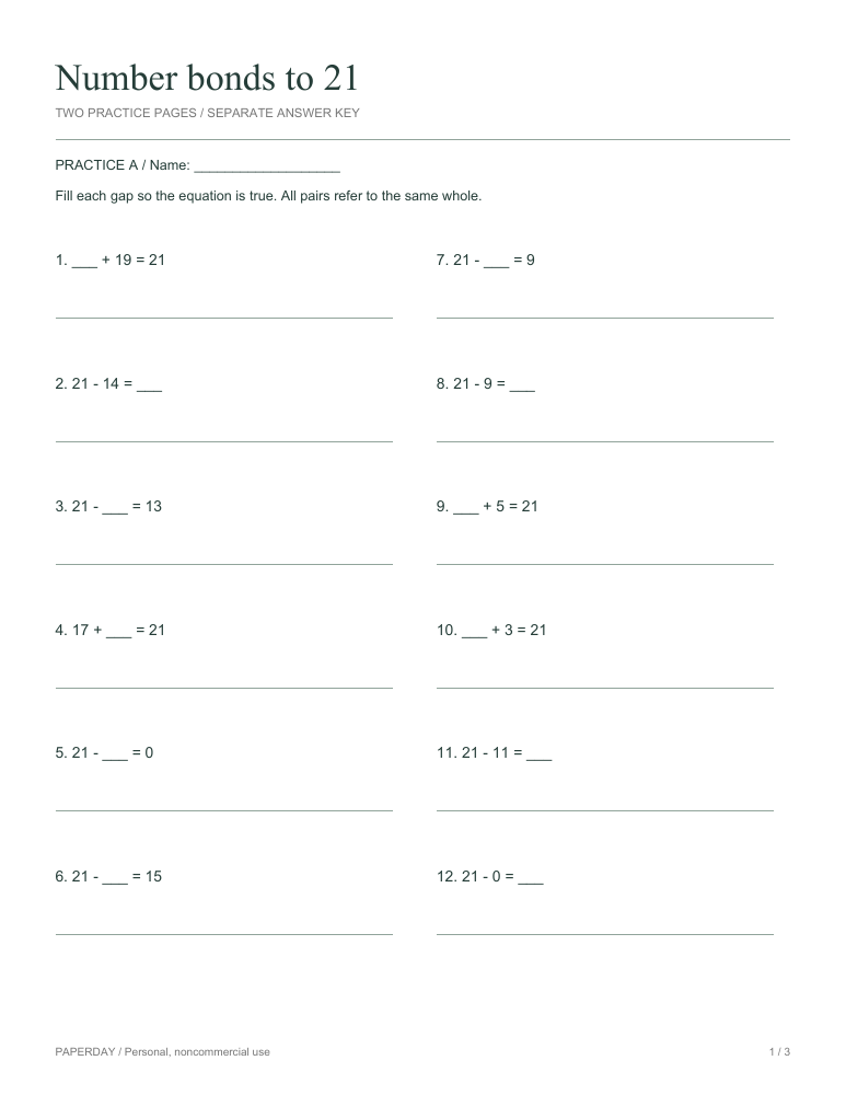 Preview of Number bonds to 21 - practice and answers