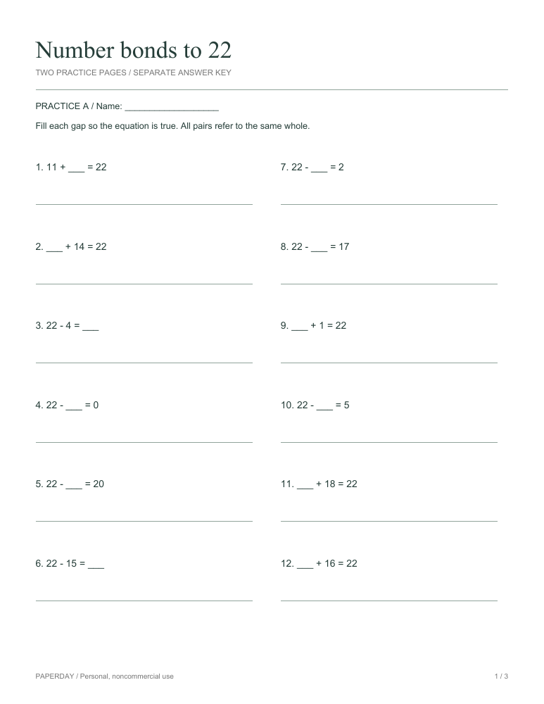 Preview of Number bonds to 22 - practice and answers