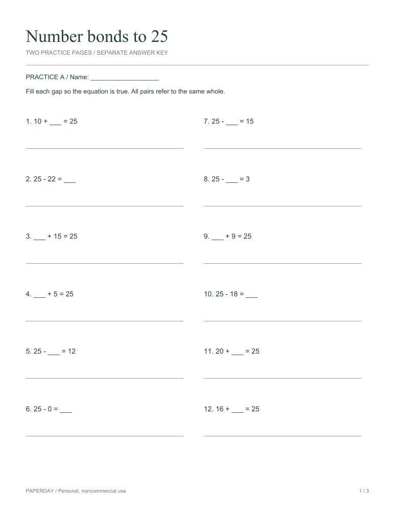 Preview of Number bonds to 25 - practice and answers