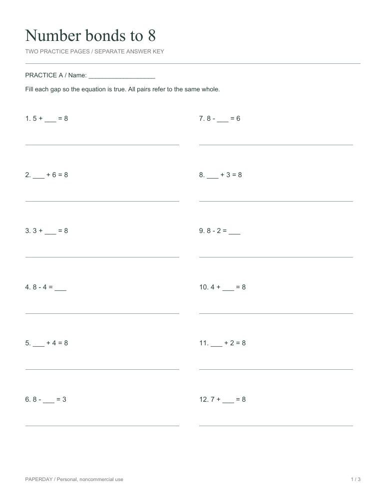 Preview of Number bonds to 8 - practice and answers