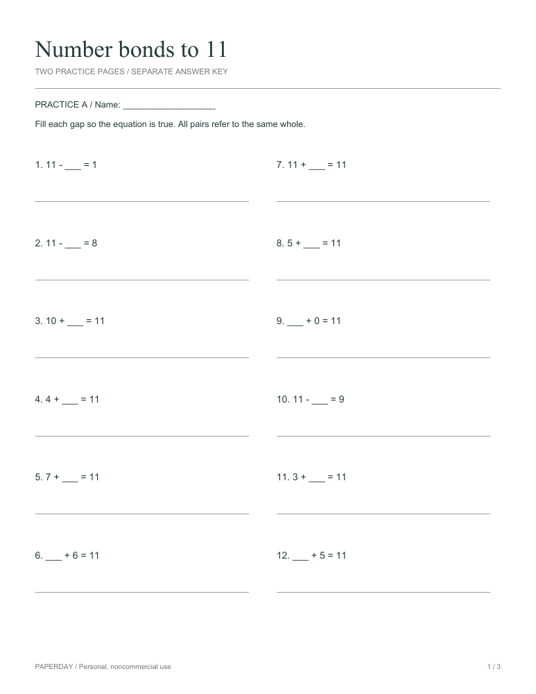 Preview of Number bonds to 11 - practice and answers