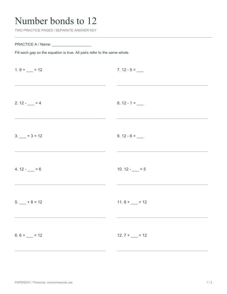 Preview of Number bonds to 12 - practice and answers