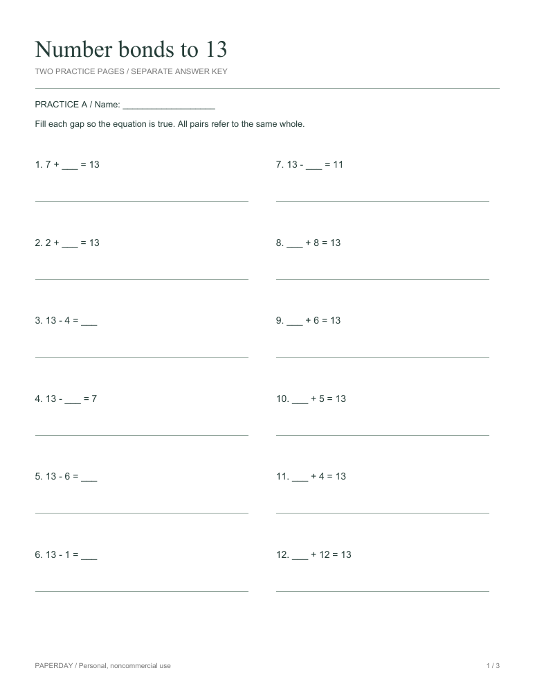 Preview of Number bonds to 13 - practice and answers