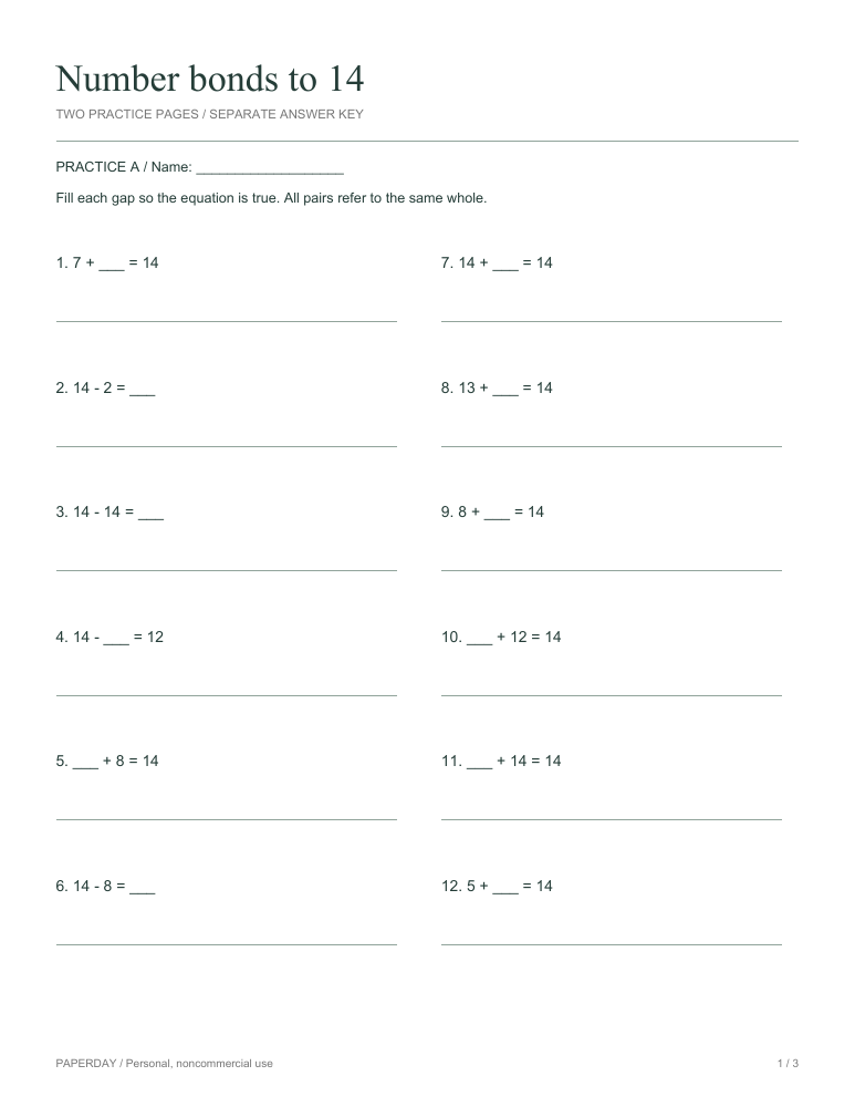 Preview of Number bonds to 14 - practice and answers