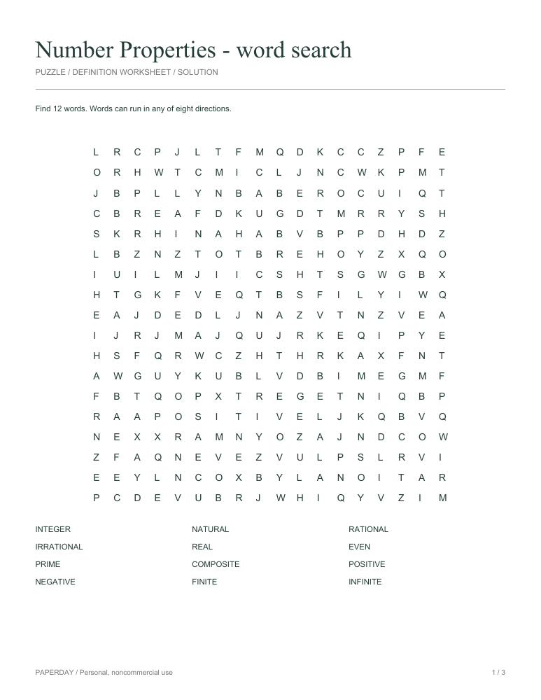 Preview of Number Properties Word Search