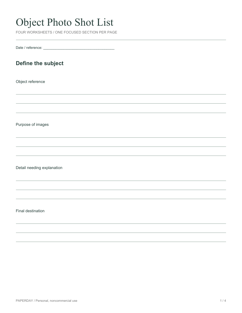 Page one of Object Photo Shot List