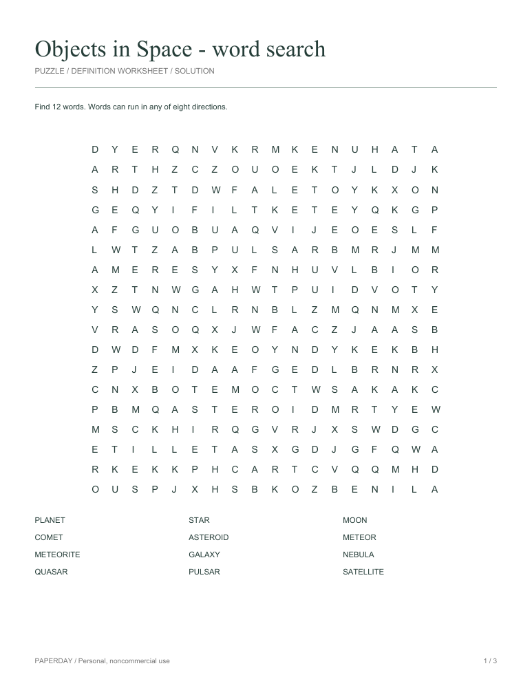 Preview of Objects in Space Word Search