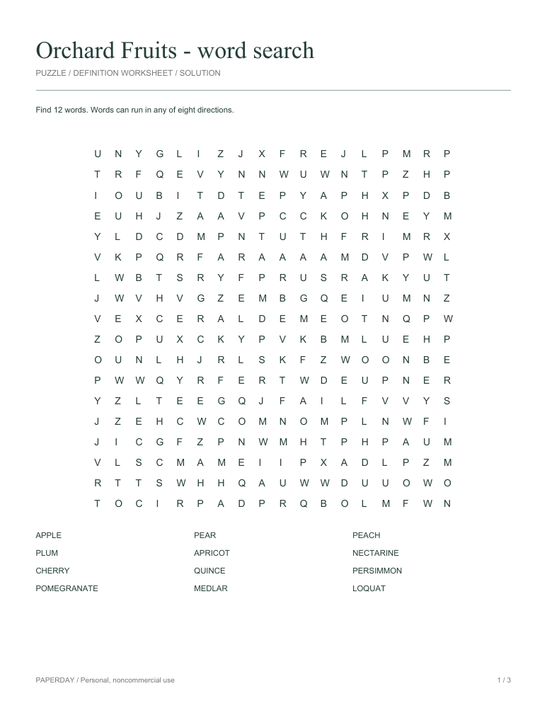 Preview of Orchard Fruits Word Search