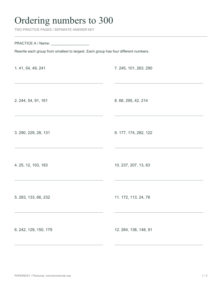 Preview of Ordering numbers to 300 - practice and answers