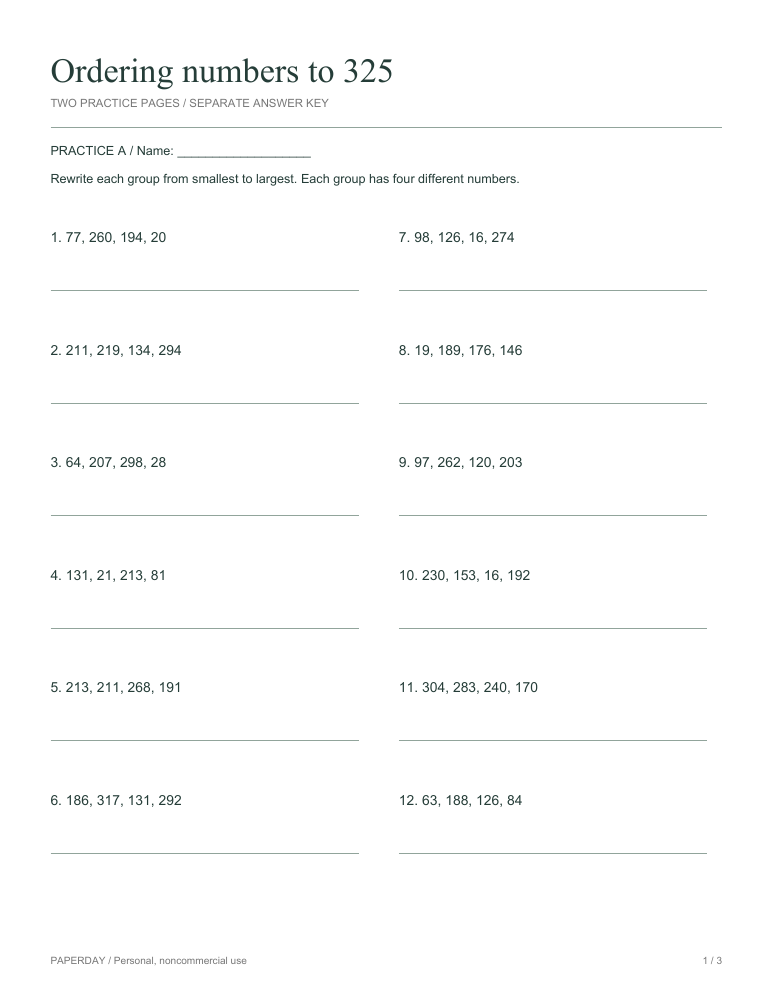 Preview of Ordering numbers to 325 - practice and answers