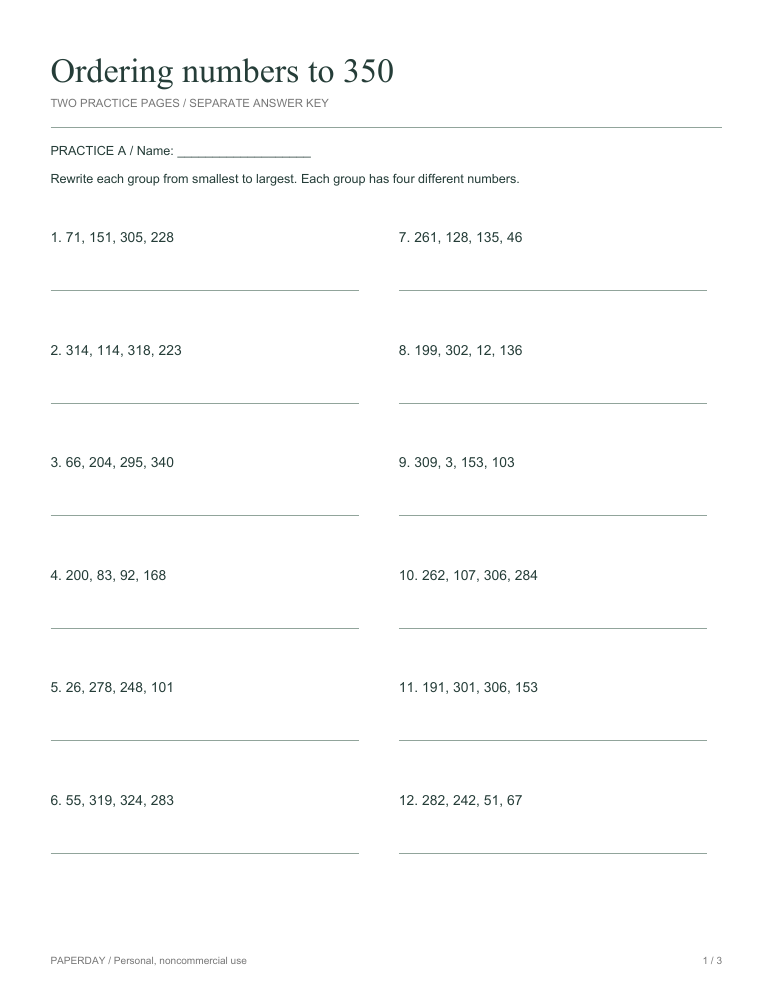 Preview of Ordering numbers to 350 - practice and answers