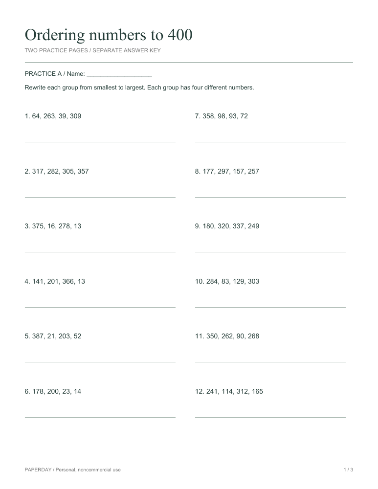 Preview of Ordering numbers to 400 - practice and answers