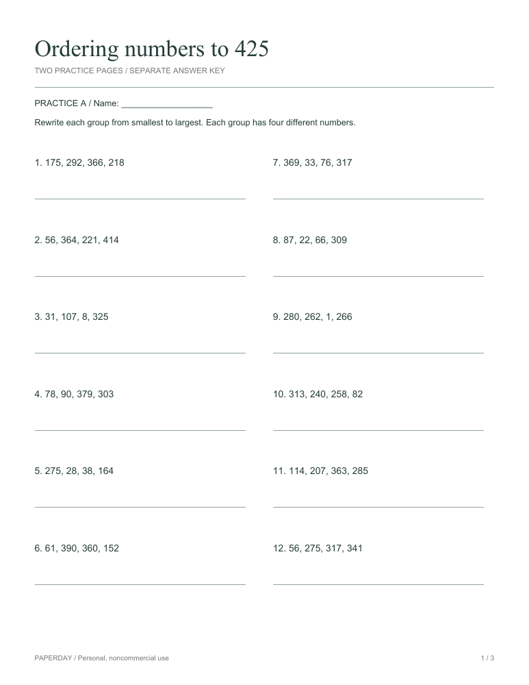 Preview of Ordering numbers to 425 - practice and answers