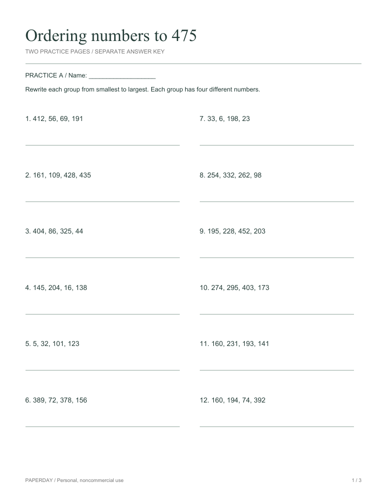 Preview of Ordering numbers to 475 - practice and answers