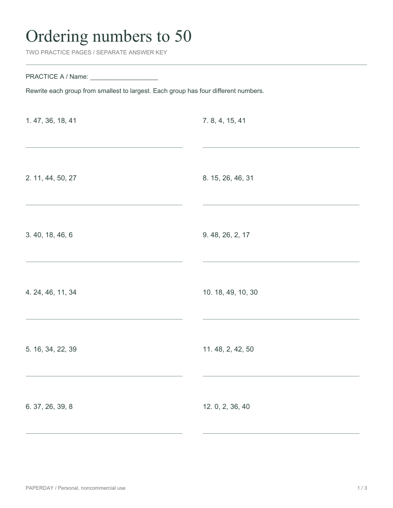 Preview of Ordering numbers to 50 - practice and answers