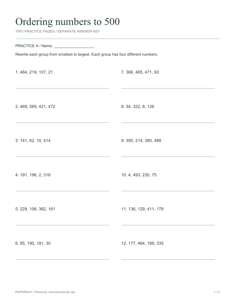 Preview of Ordering numbers to 500 - practice and answers