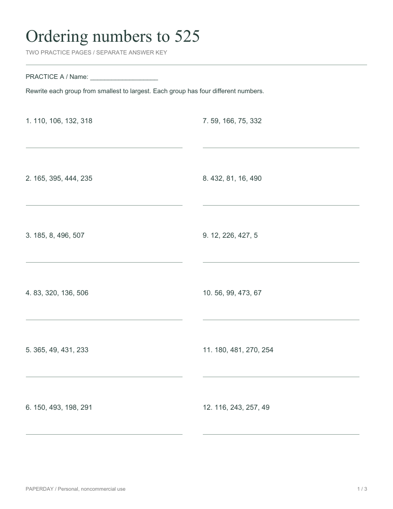 Preview of Ordering numbers to 525 - practice and answers