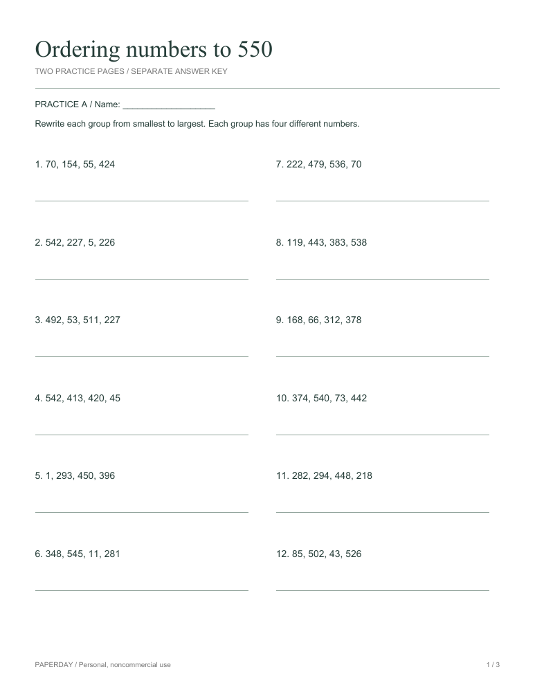 Preview of Ordering numbers to 550 - practice and answers