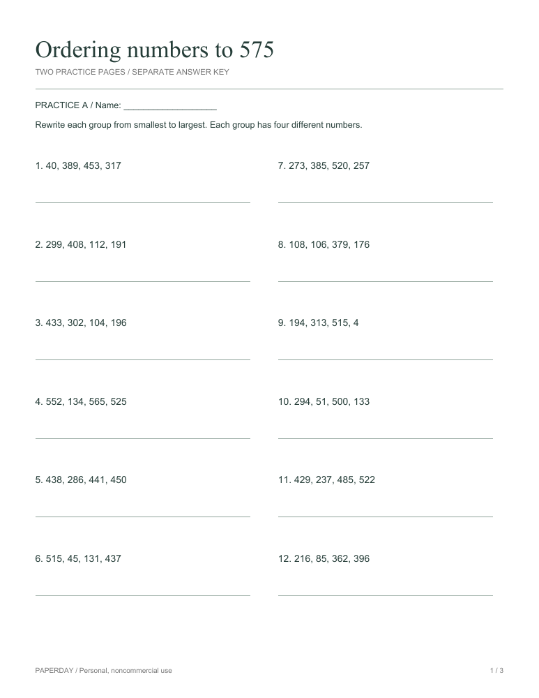 Preview of Ordering numbers to 575 - practice and answers