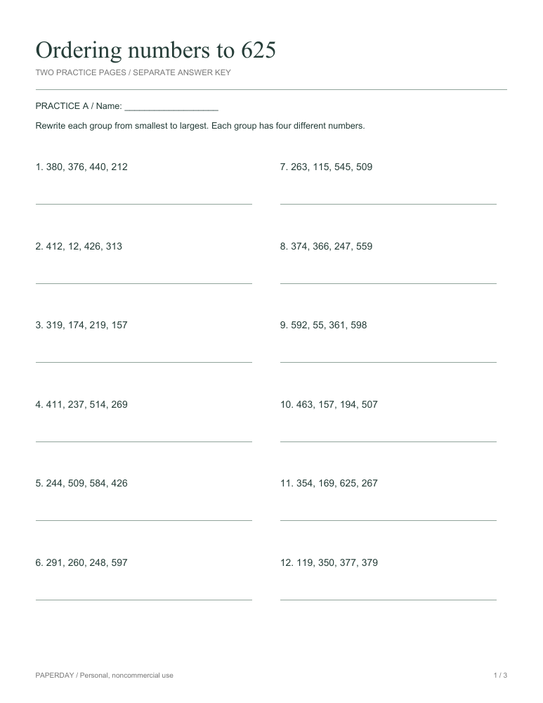 Preview of Ordering numbers to 625 - practice and answers