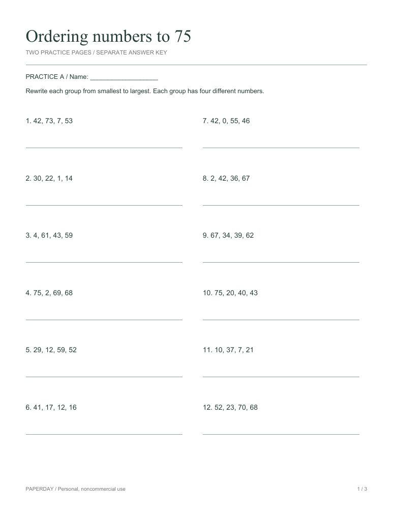 Preview of Ordering numbers to 75 - practice and answers