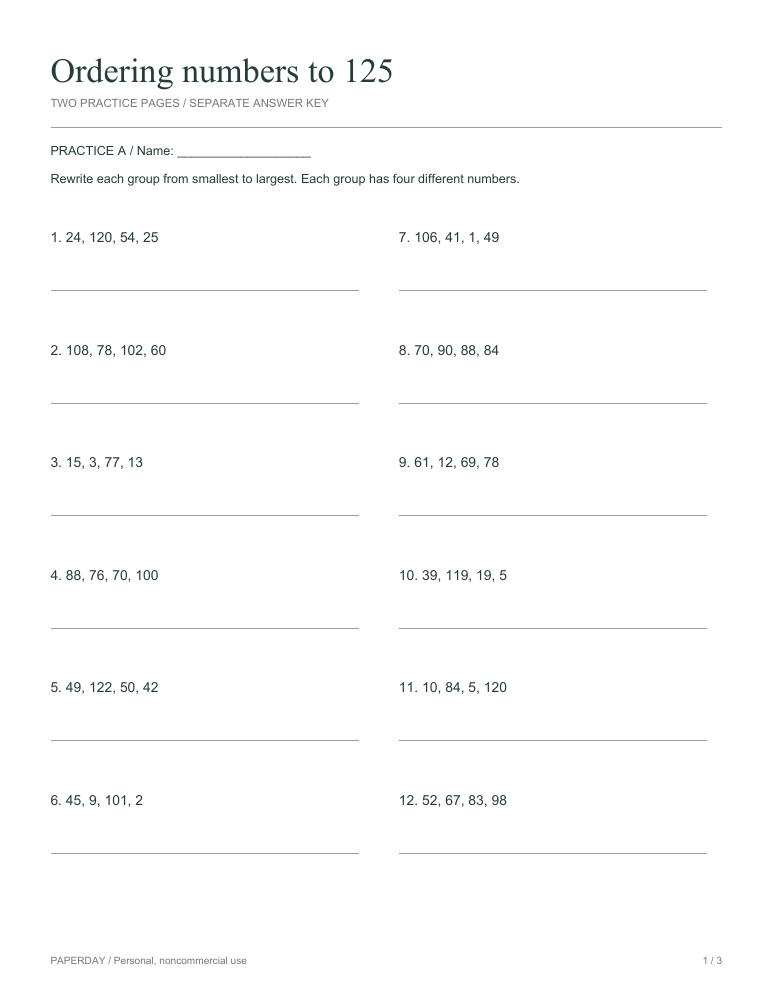 Preview of Ordering numbers to 125 - practice and answers