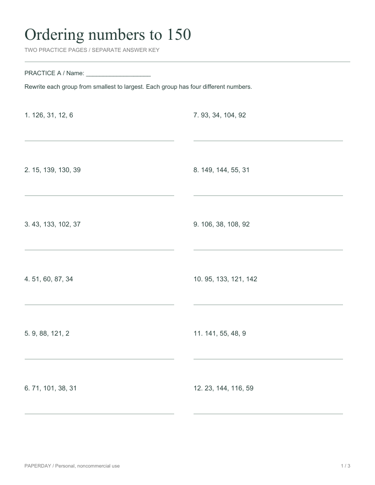 Preview of Ordering numbers to 150 - practice and answers
