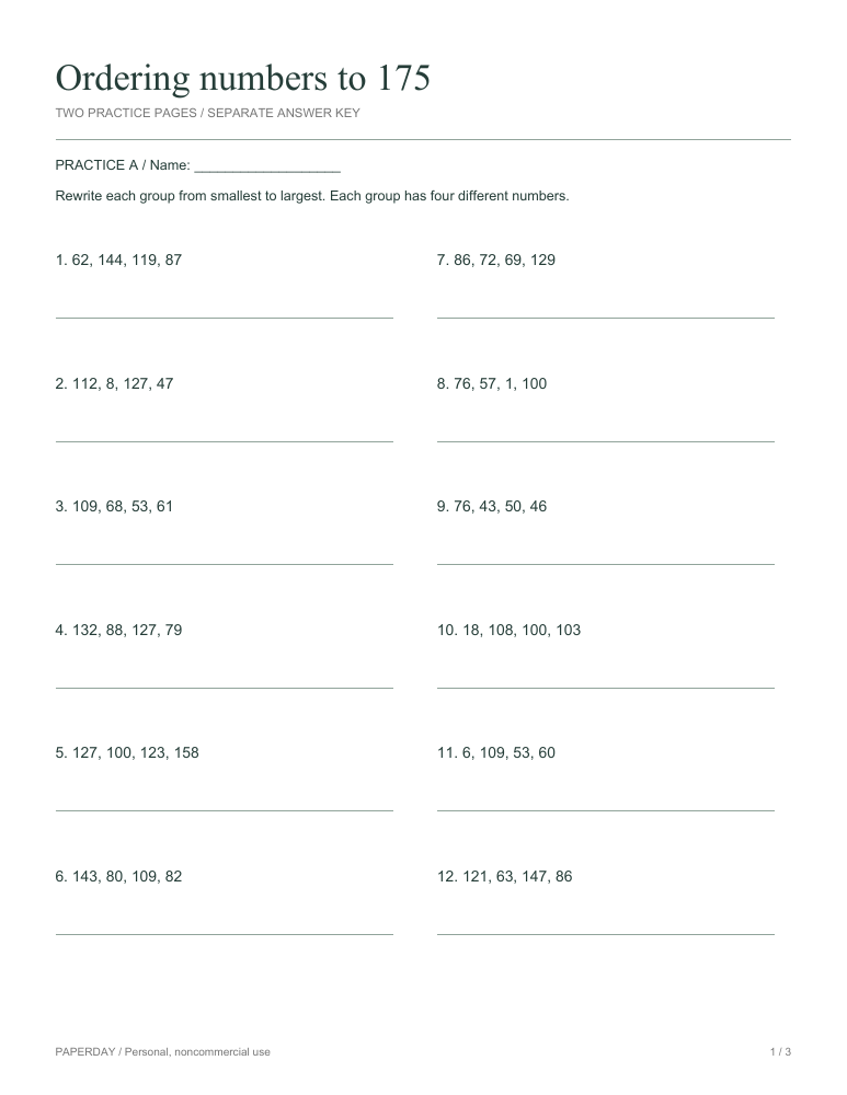 Preview of Ordering numbers to 175 - practice and answers