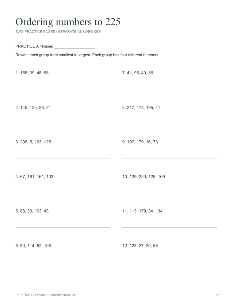 Preview of Ordering numbers to 225 - practice and answers