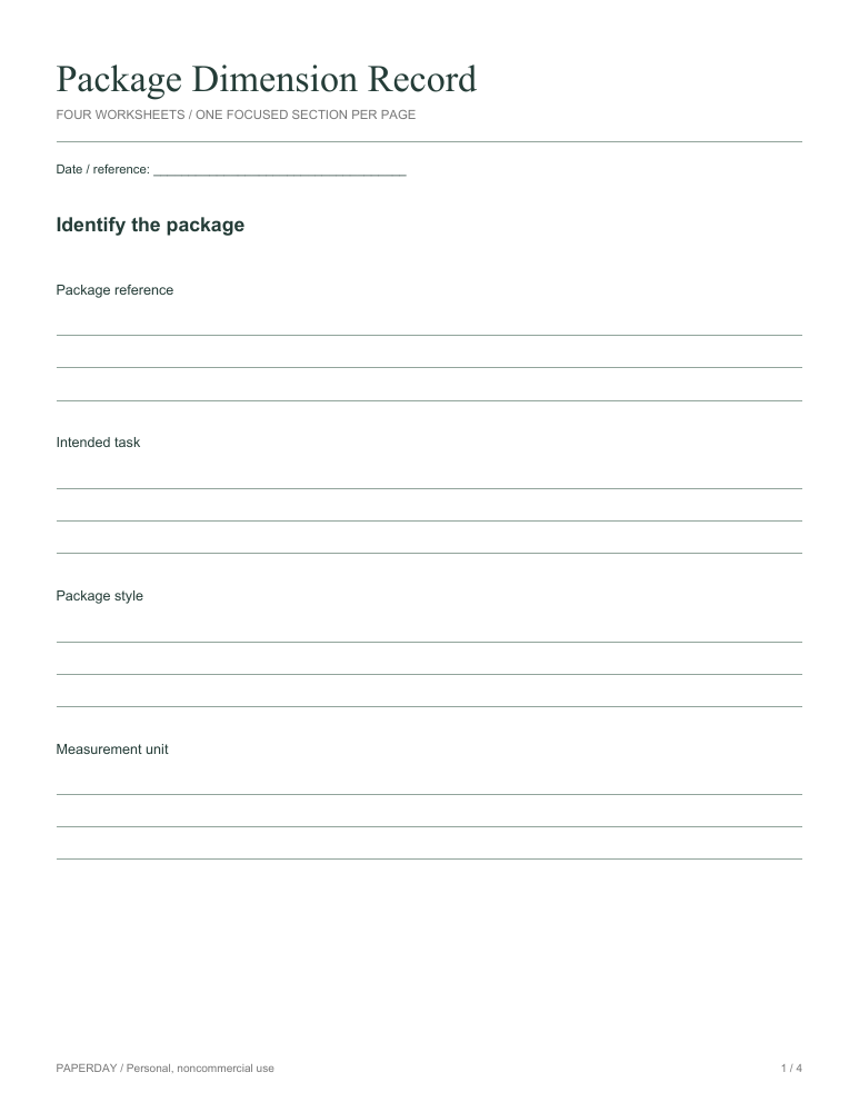 Page one of Package Dimension Record