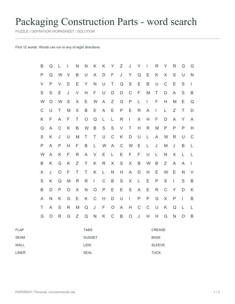 Preview of Packaging Construction Parts Word Search