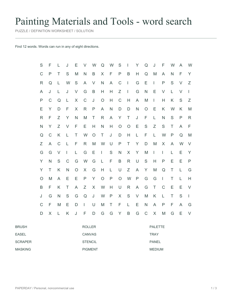 Preview of Painting Materials and Tools Word Search